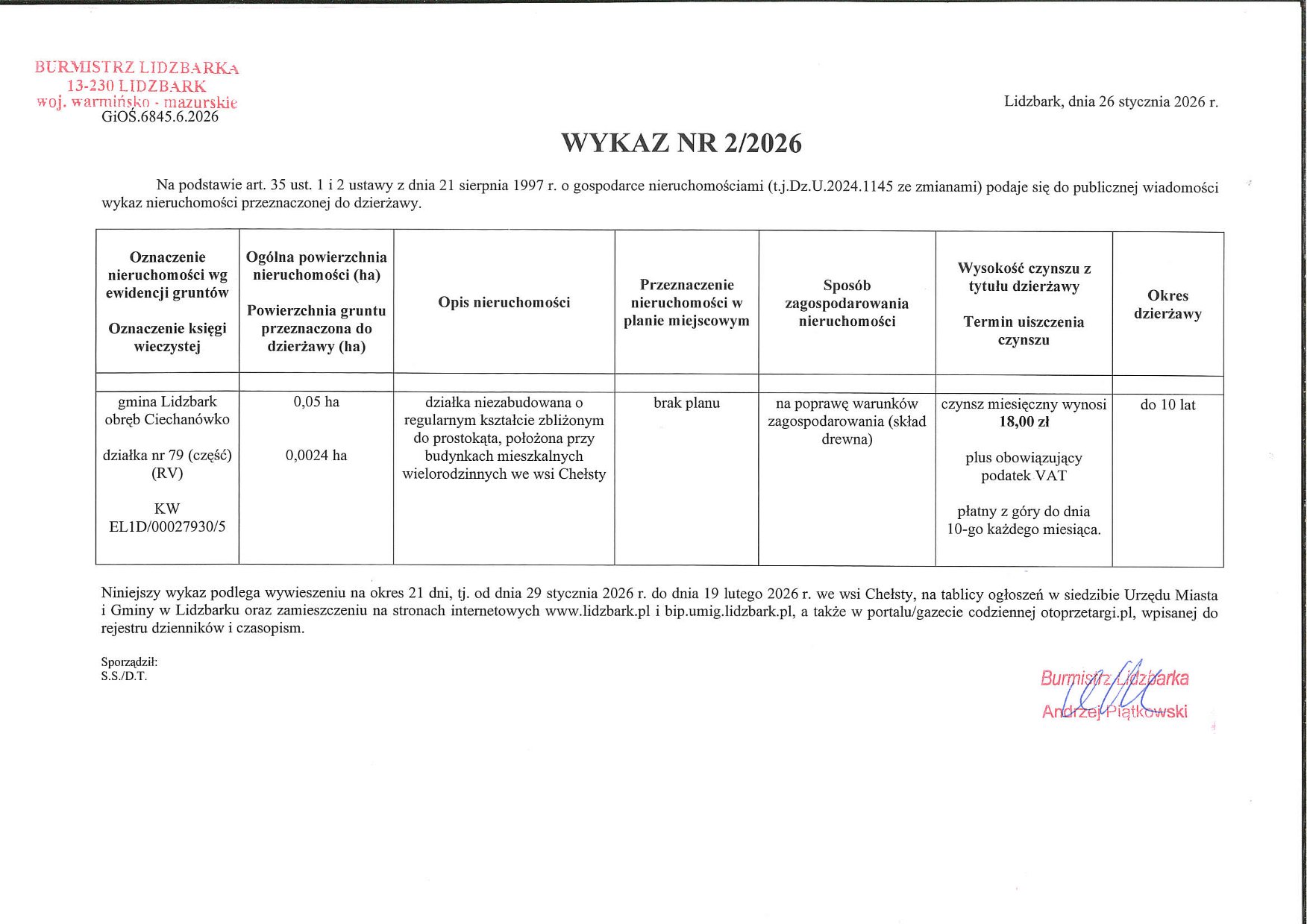 Wykaz nr 2/2026 - informacja o nieruchomości przeznaczonej do dzierżawy w obrębie miejscowości Ciechanówko